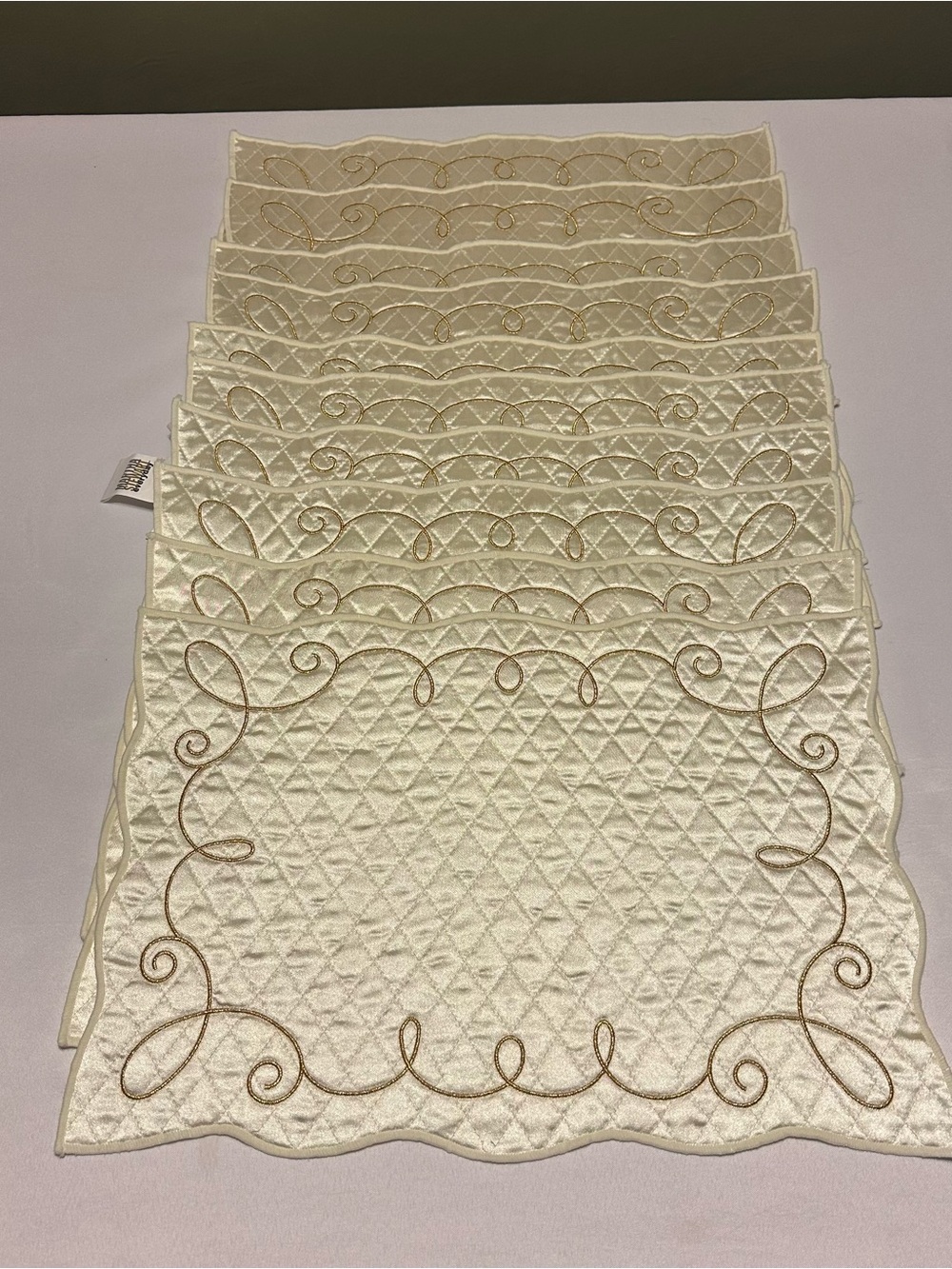 Martha Stewart Cream Quilted Placemat Set with Gold Scroll Embroidery set of 10